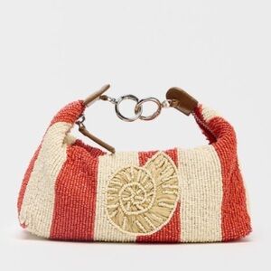 Zara red & white beaded bag, purse w raffia shell detail. Shoulder chain. NWT